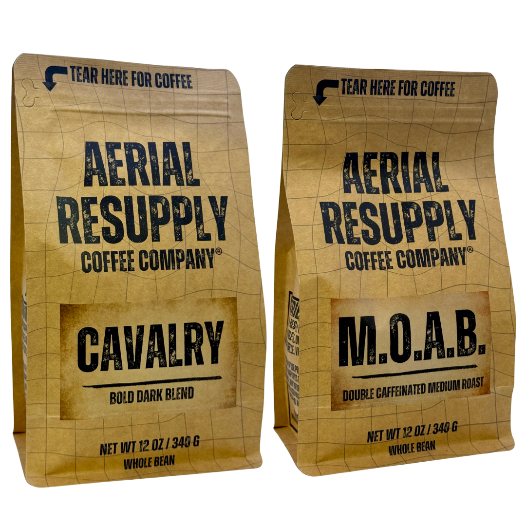 Two brown paper coffee bags from Aerial Resupply Coffee Company on a white background
