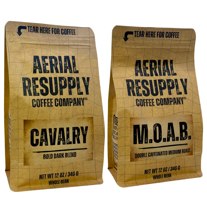 Two brown paper coffee bags from Aerial Resupply Coffee Company on a white background