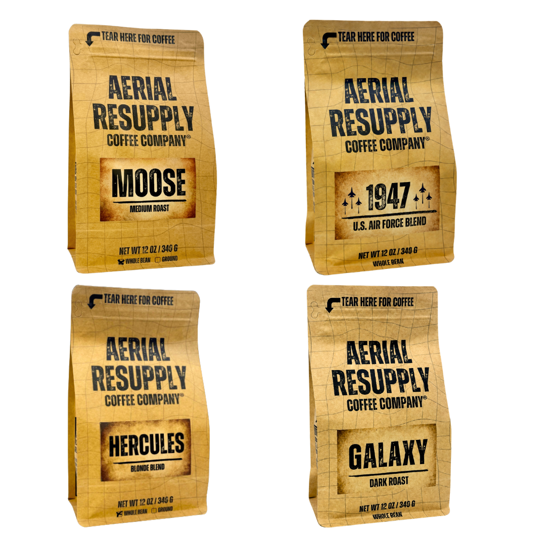 4 bags of coffee, moose, 1947, hercules and galaxy