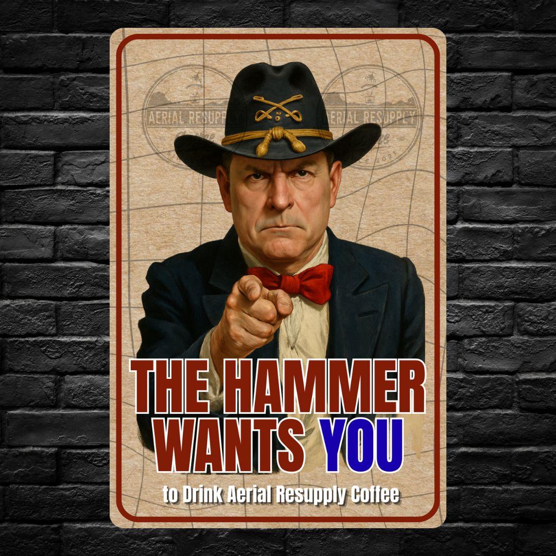 Vintage-style poster with a man in a cowboy hat and suit, pointing forward, on a brick wall background.