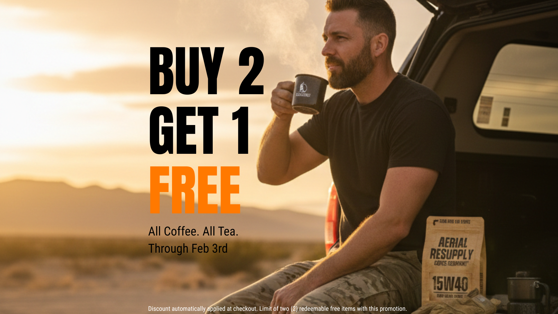 Man holding a coffee mug with promotional text for a coffee and tea offer, set against a scenic background.