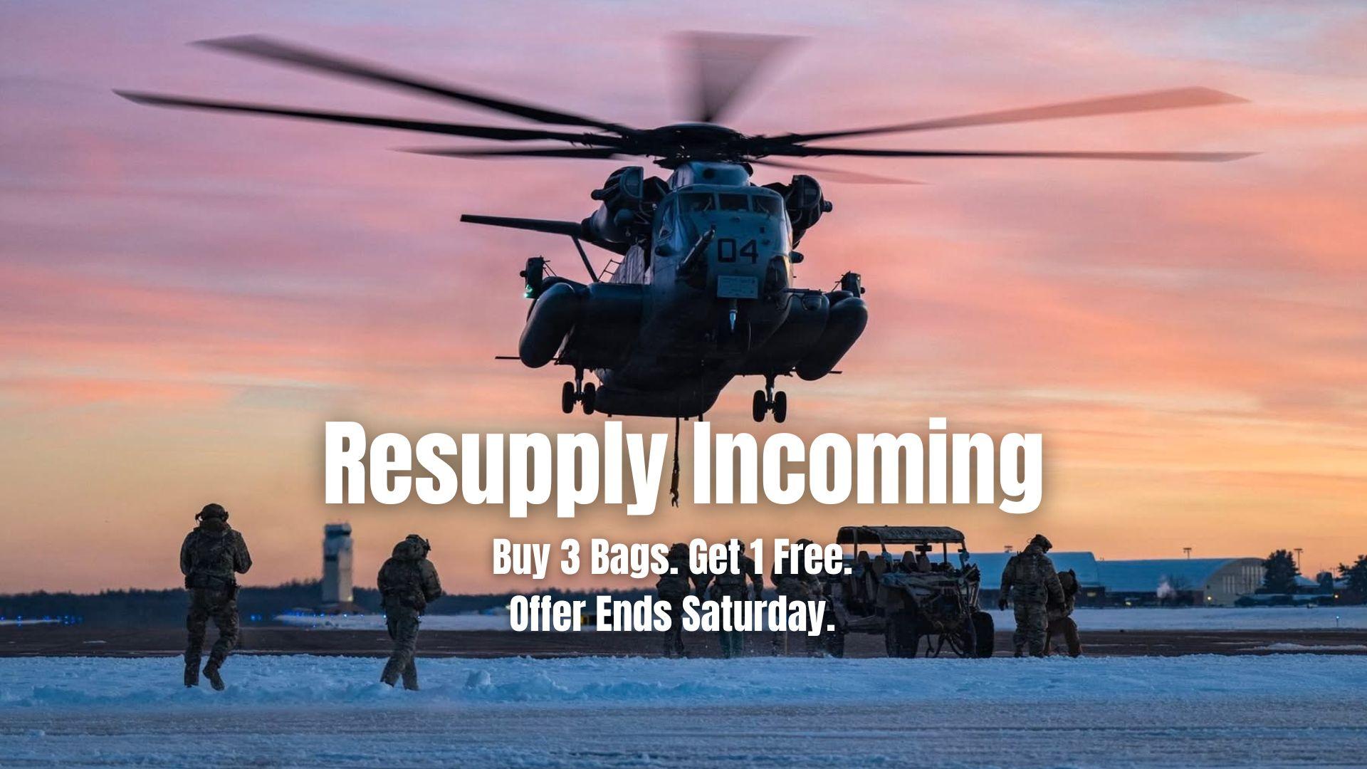 Helicopter flying over a snowy landscape with soldiers and promotional text overlay.