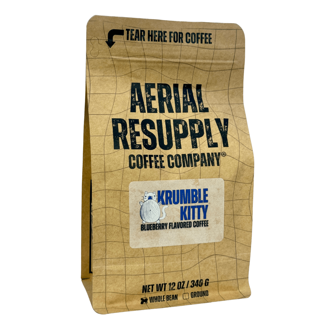 Kraft paper coffee bag from Aerial Resupply Coffee Company with Krumble Kitty flavor label.