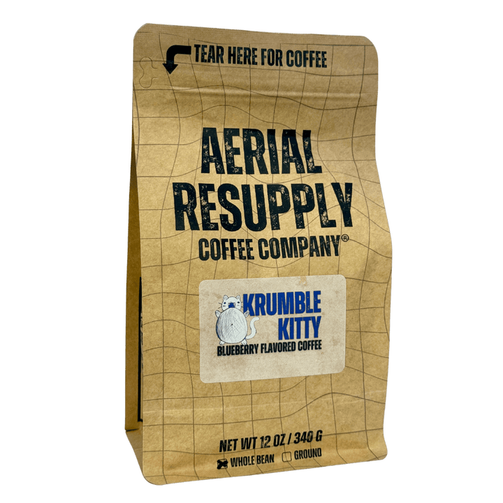 Kraft paper coffee bag from Aerial Resupply Coffee Company with Krumble Kitty flavor label.