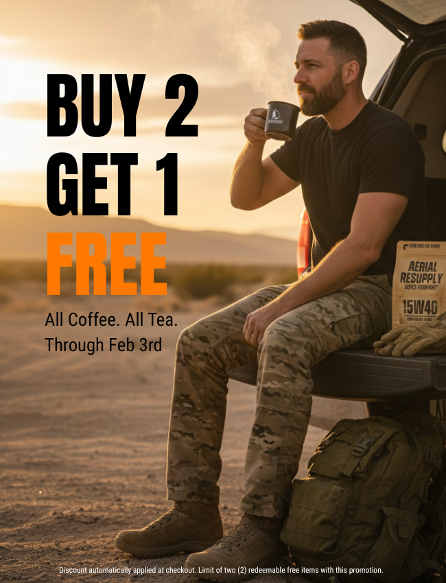 Man in military uniform sitting in a desert setting with promotional text overlay.