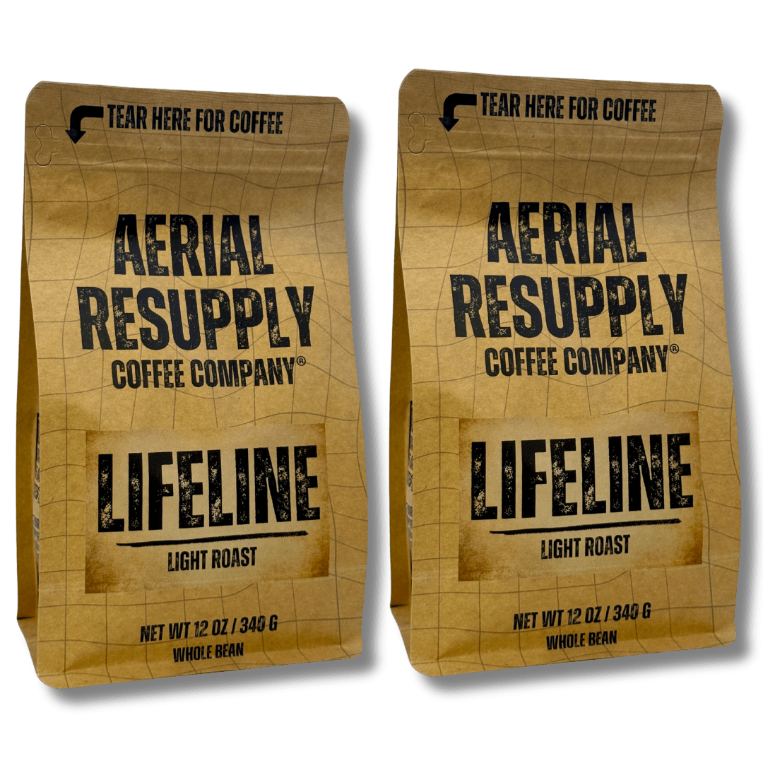 Two packages of Aerial Resupply Coffee Company Lifeline Light Roast coffee on a white background.
