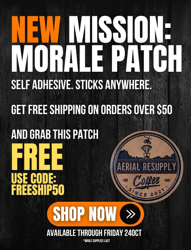 Advertisement for a 'New Mission: Morale Patch' with promotional text and branding on a dark background.
