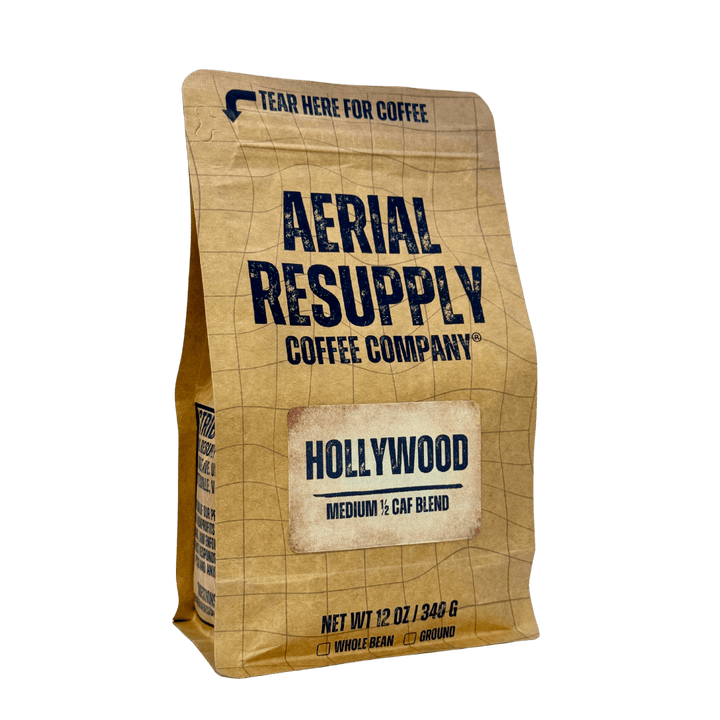 Coffee bag from Aerial Resupply Coffee Company with 'Hollywood' blend on a white background