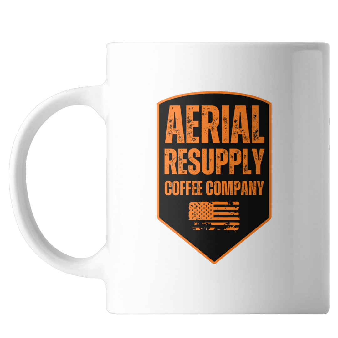 White mug with 'Aerial Resupply Coffee Company' logo on a white background