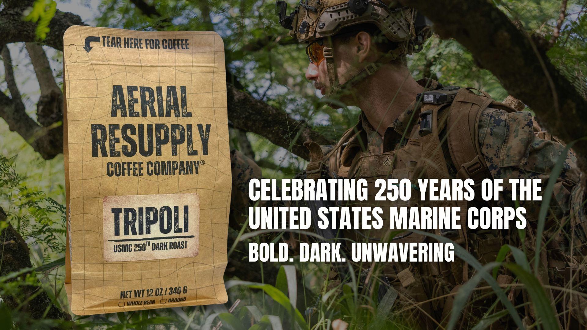A coffee bag with a marine in the background a promotion text celebrating the Marine Corps Birthday
