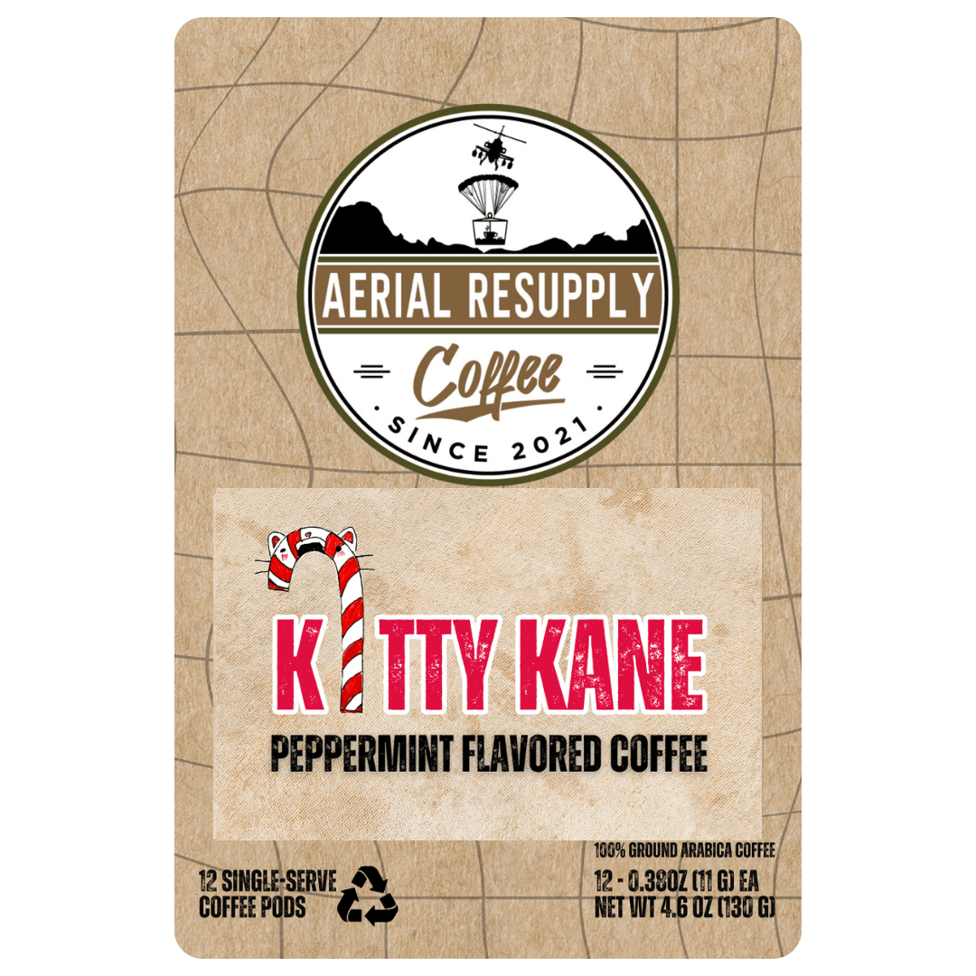 Kitty Kane peppermint flavored coffee package with Aerial Resupply Coffee branding.