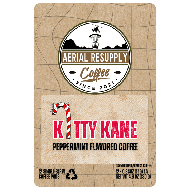 Kitty Kane peppermint flavored coffee package with Aerial Resupply Coffee branding.