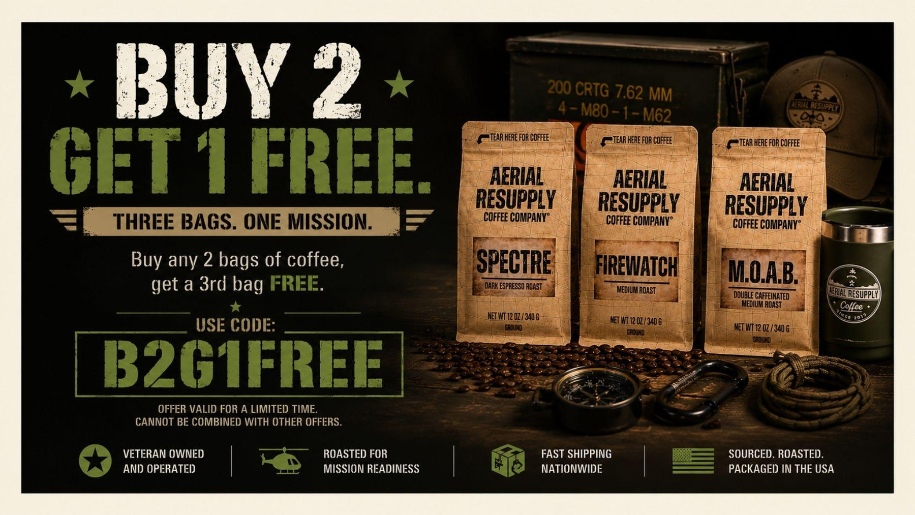 Aerial Resupply Coffee Company packages with promotional text on a dark background