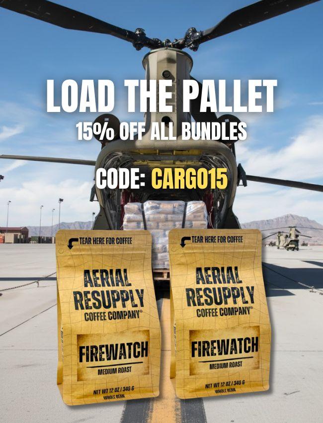 Helicopter with 'Aerial Resupply Coffee Company' coffee packages and promotional text.