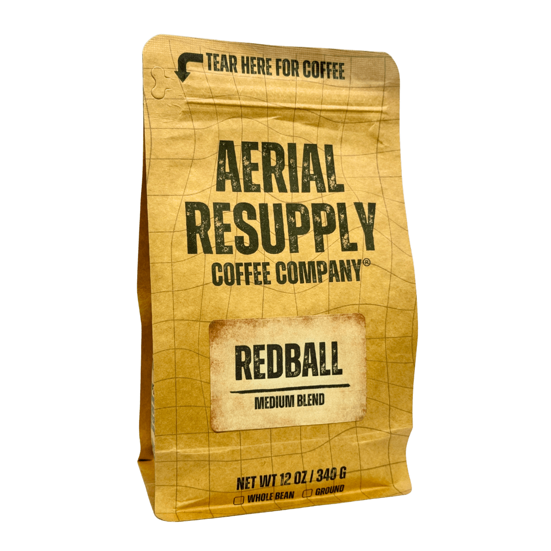 Coffee bag from Aerial Resupply Coffee Company with 'Redball' label on a white background