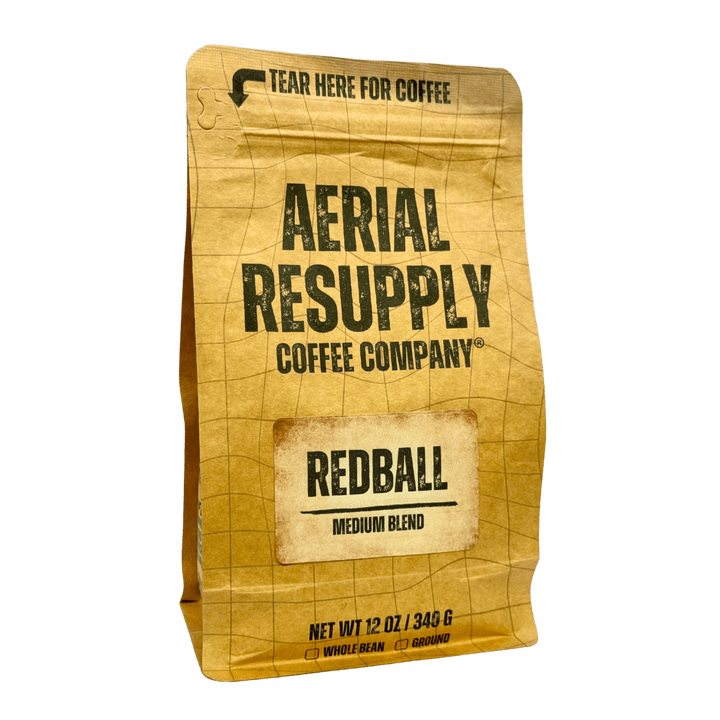 Coffee bag from Aerial Resupply Coffee Company with 'Redball' label on a white background