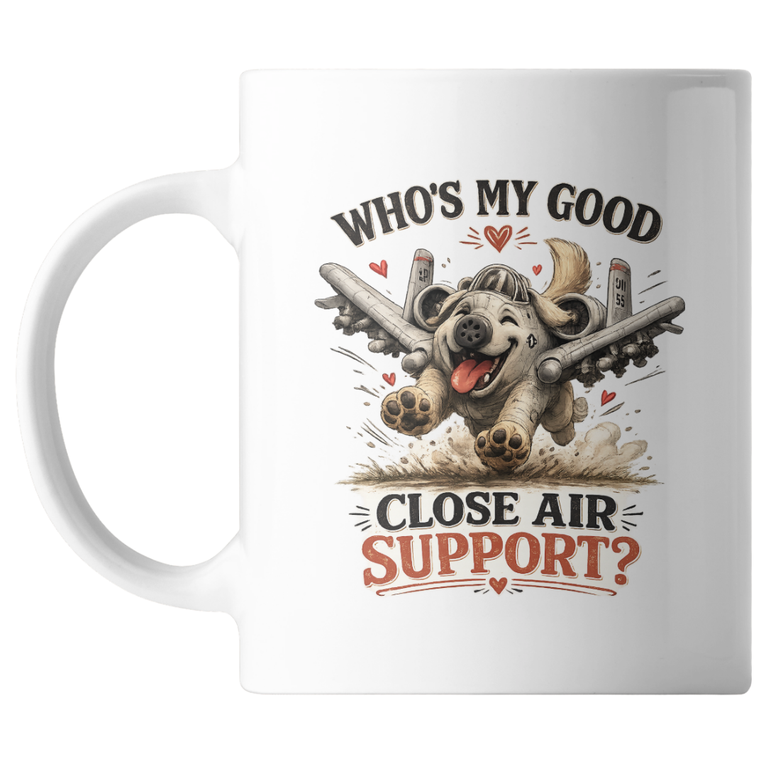 a picture of a dog and airplane on a mug with text