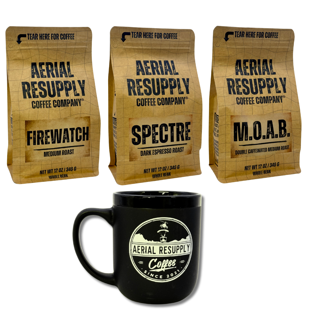 Three coffee bags and a black mug with 'Aerial Resupply Coffee Company' branding on a white background.