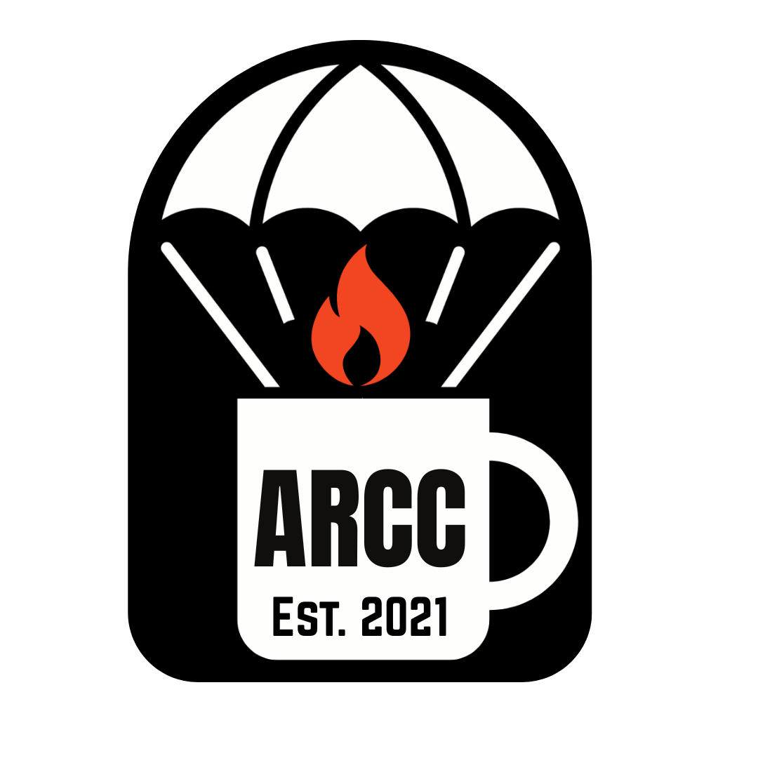 ARCC Paracup Sticker featuring a white coffee mug with a red flame and parachute design, symbolizing Aerial Resupply Coffee’s mission to deliver caffeine with precision.