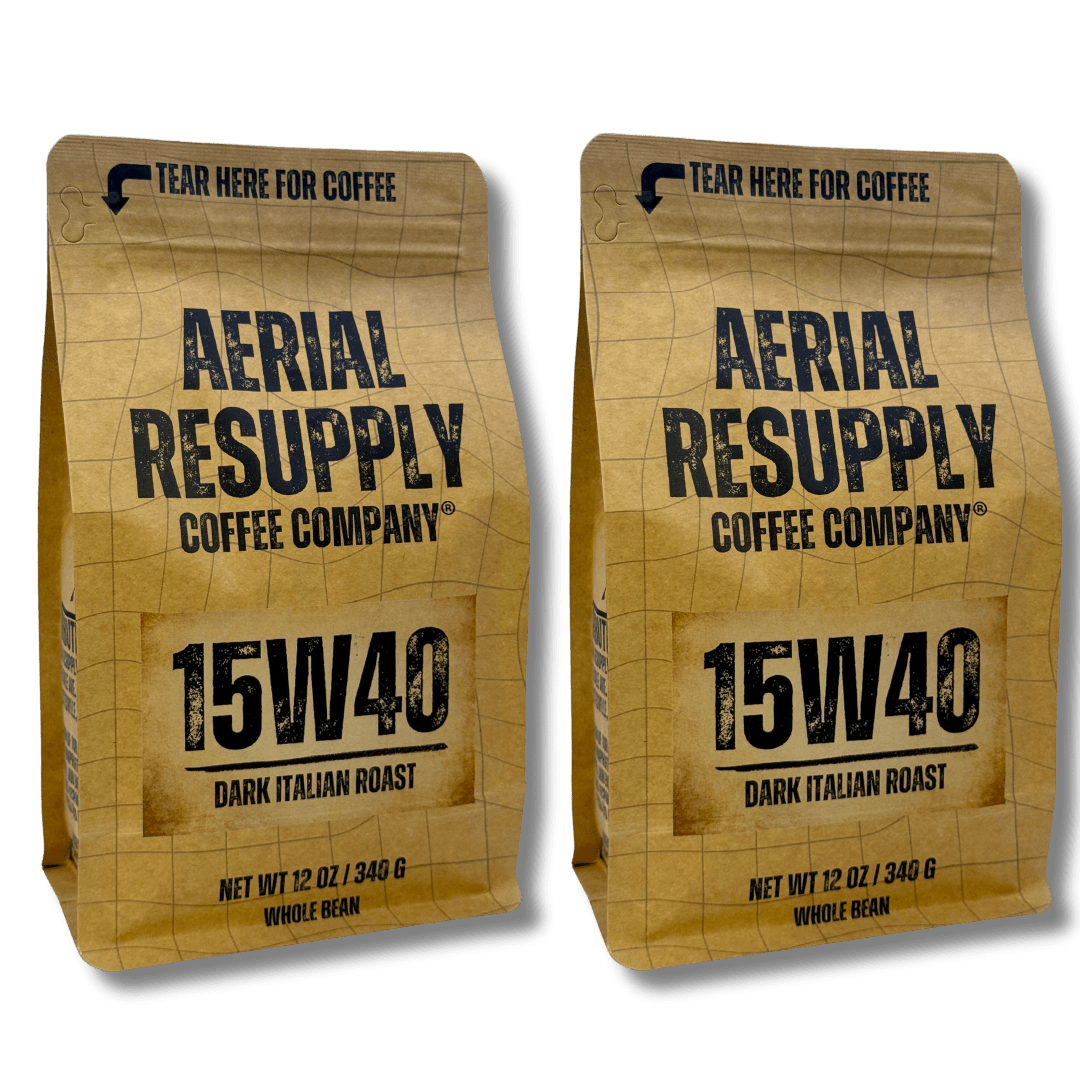 Two brown coffee bags from Aerial Resupply Coffee Company on a white background