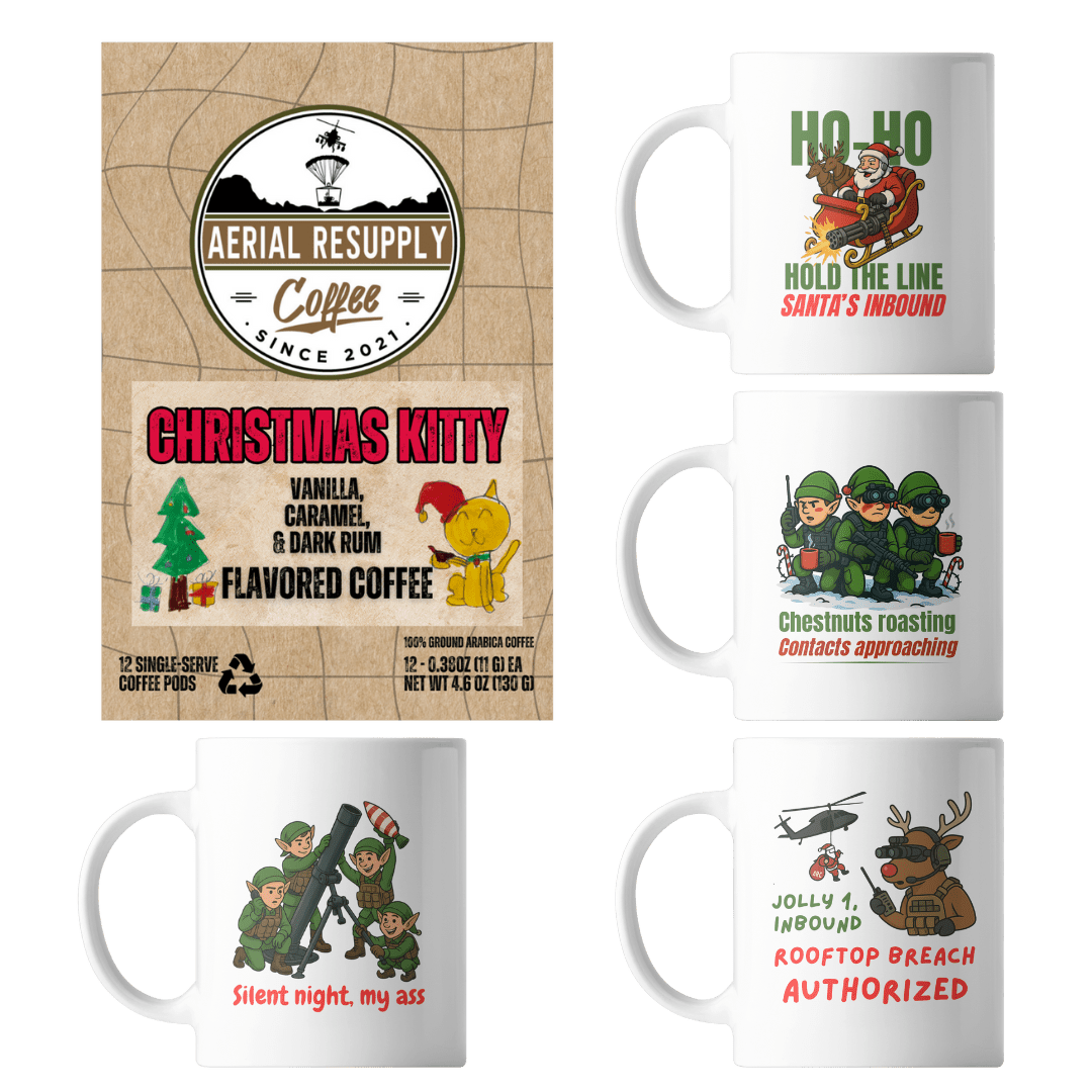 Collection of Christmas-themed coffee packaging and mugs on a white background
