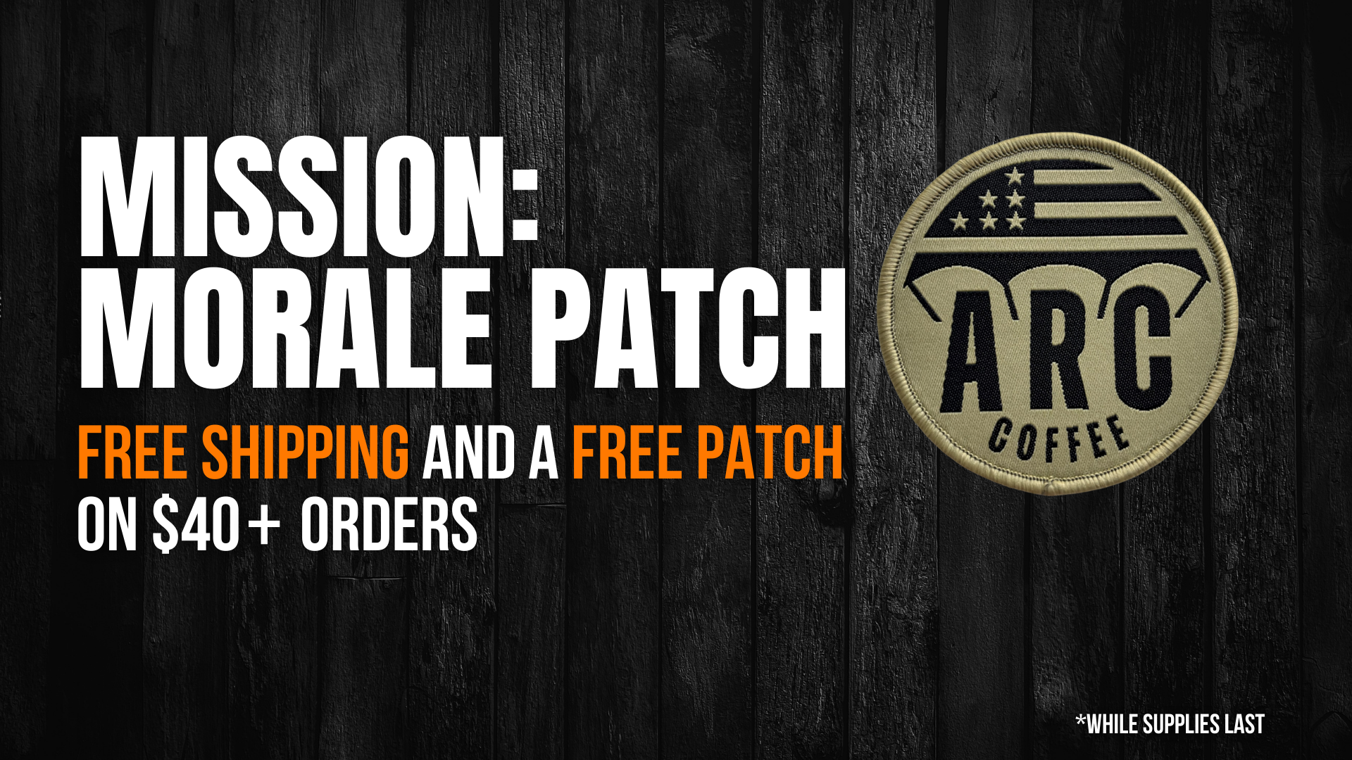 black background with white and orange text around a green patch with black text