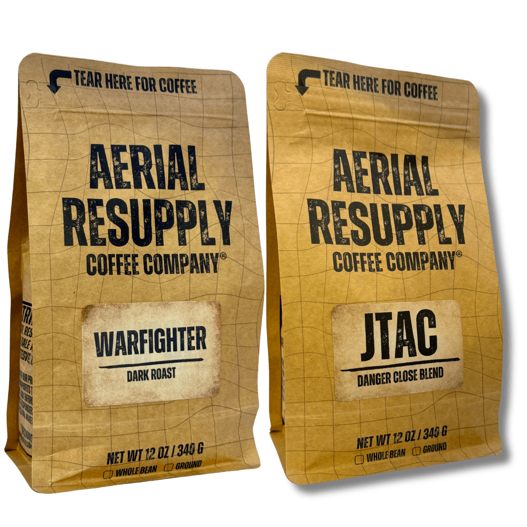 Two bags of coffee with black lettering on them for Aerial Resupply Coffee