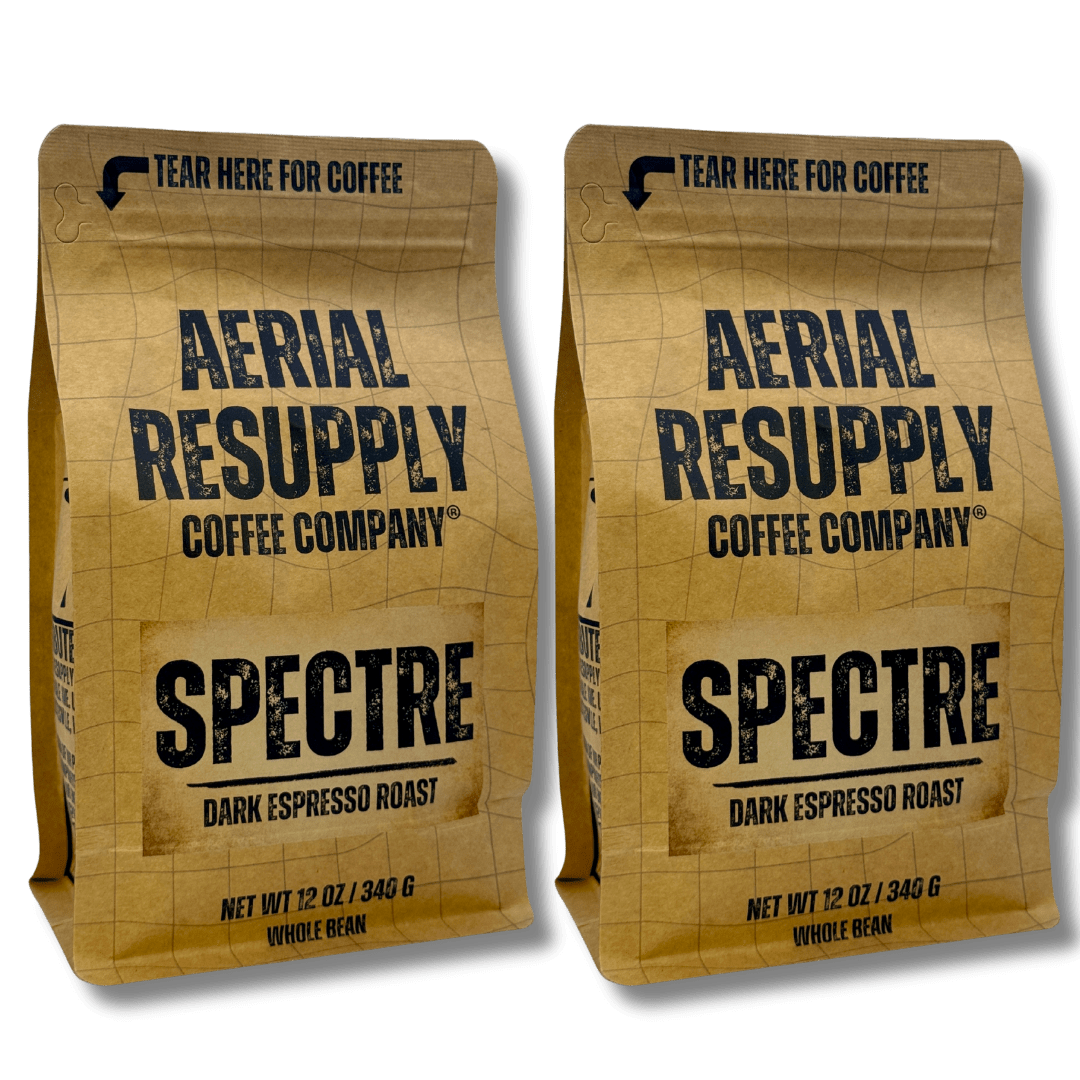 Two brown coffee bags from Aerial Resupply Coffee Company on a white background