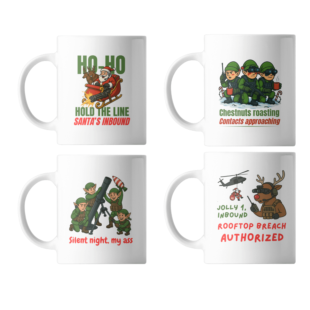 Four white mugs with Christmas-themed designs on a white background