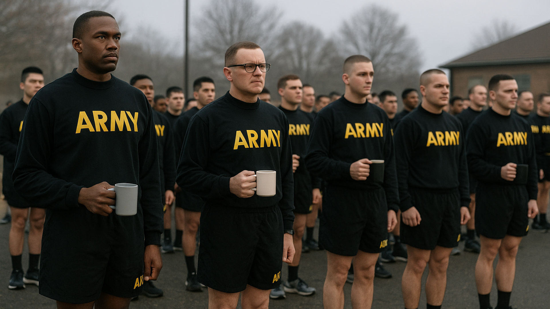 Soldiers standing in formation holding a coffee mug