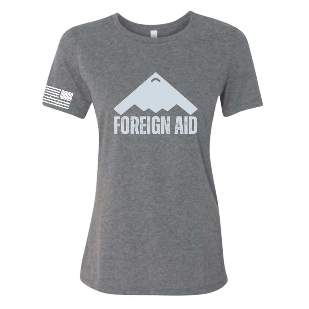 Gray t-shirt with 'FOREIGN AID' logo on a white background