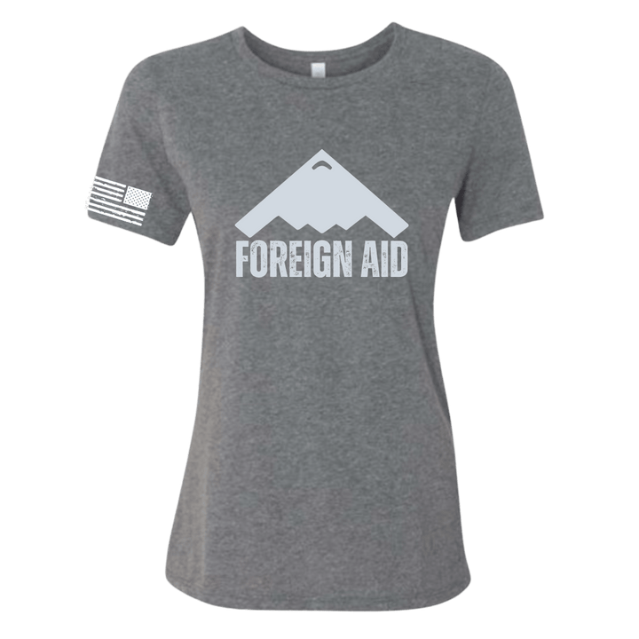 Gray t-shirt with 'FOREIGN AID' logo on a white background