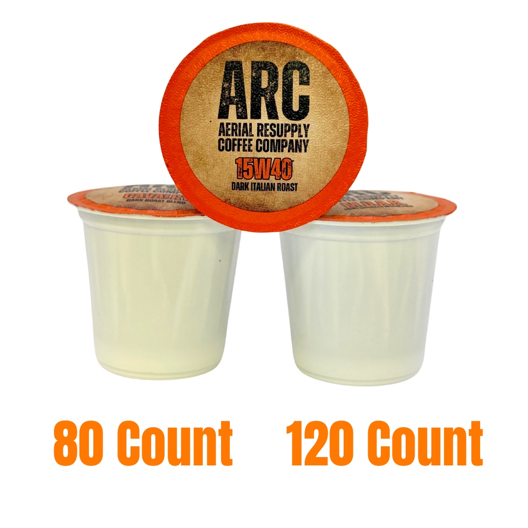 Two coffee pods with 'ARC Aerial Resupply Coffee Company' branding on a white background.