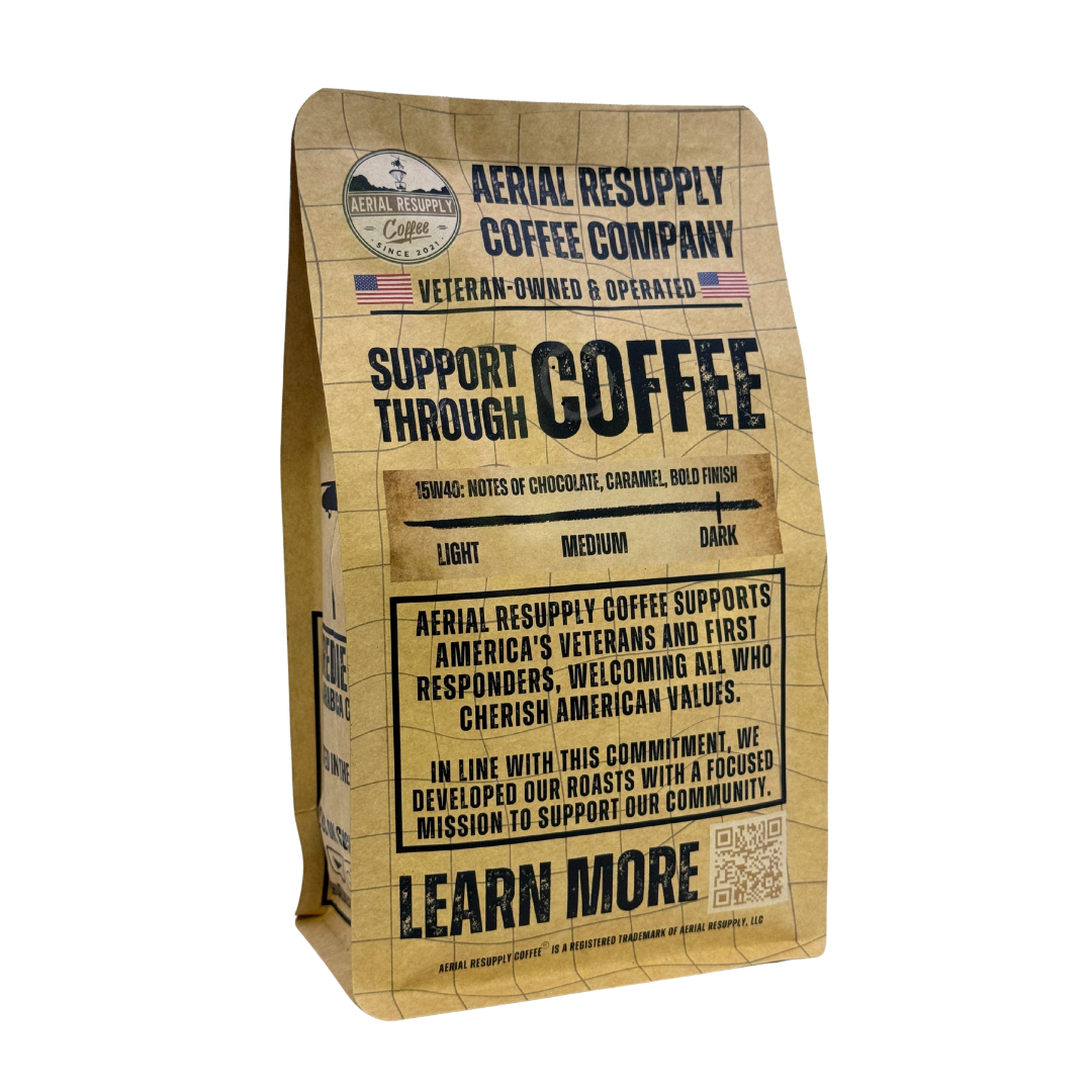 Aerial Resupply Coffee Company coffee bag on a white background