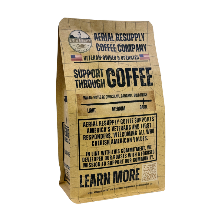 Aerial Resupply Coffee Company coffee bag on a white background