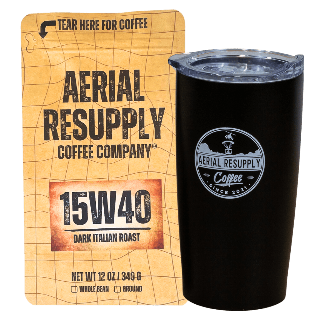 15W40 Dark Italian roast whole bean and preground coffee with black aerial resupply coffee logo tumbler. Buy now online or at or store in Charlottesville, Virginia