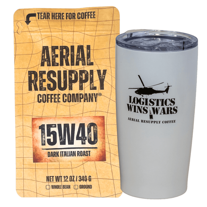 15W40 Dark Italian roast whole bean and preground coffee with white aerial resupply coffee logistics wins wars tumbler. Buy now online or at or store in Charlottesville, Virginia