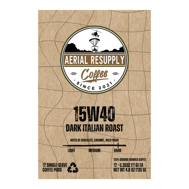 15W40 Dark Italian Colombian Coffee roast from Aerial Resupply Coffee single serving pod coffee in charlottesville virginia