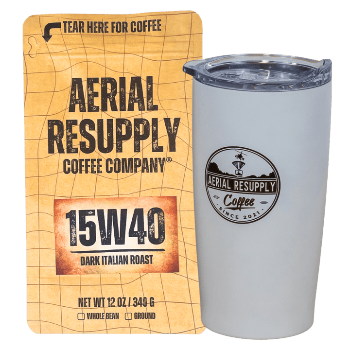 15W40 Dark Italian roast whole bean and preground coffee with white aerial resupply coffee logo tumbler. Buy now online or at or store in Charlottesville, Virginia