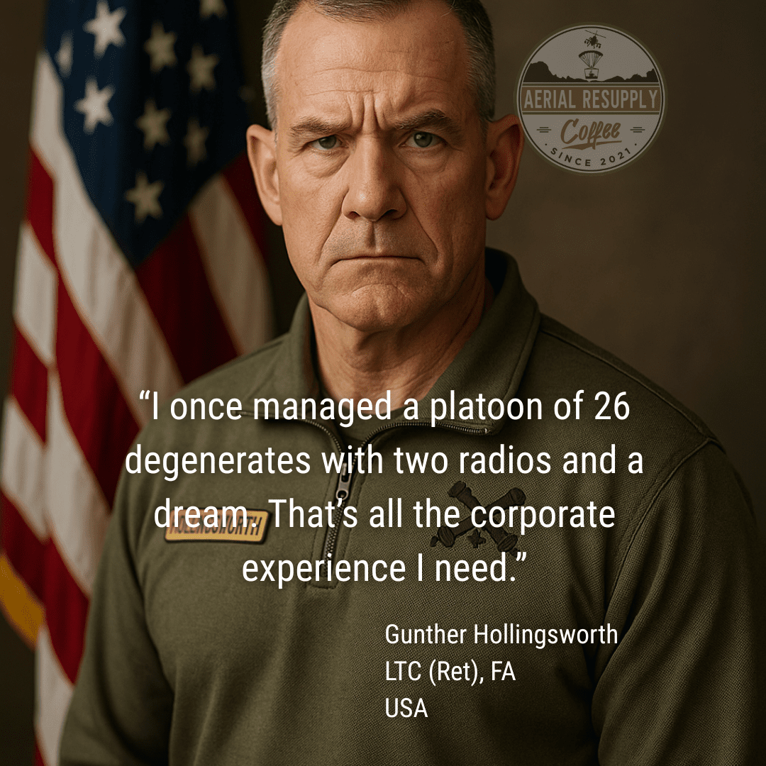 Man in military uniform with American flag and quote by Gunther Hollingsworth, LTC (Ret), FA USA.