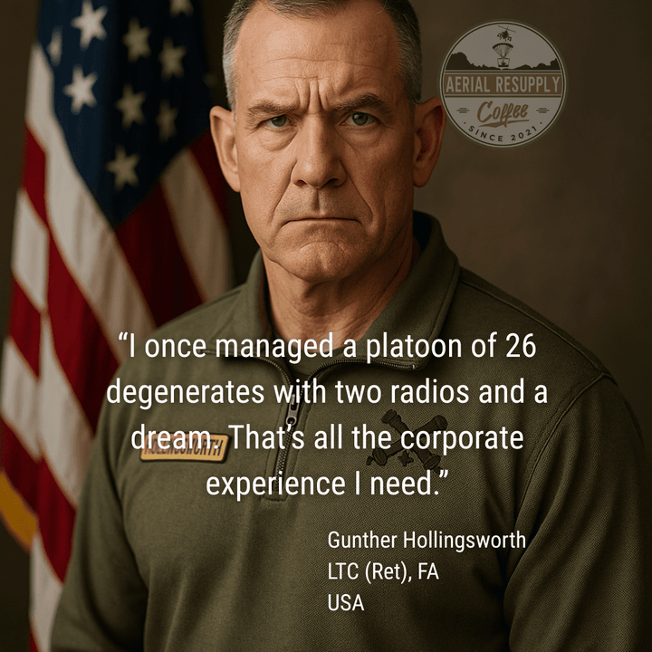 Man in military uniform with American flag and quote by Gunther Hollingsworth, LTC (Ret), FA USA.
