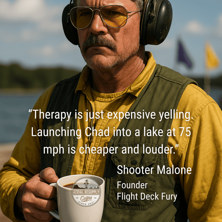 Man holding a coffee cup with a quote by Shooter Malone, wearing ear protection and sunglasses, with a scenic background.