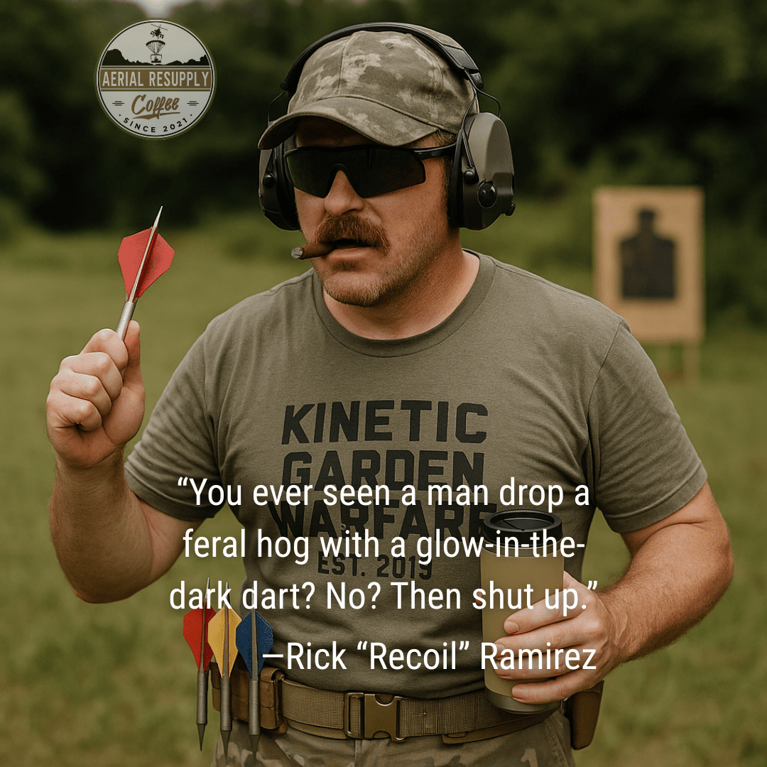 Man in tactical gear holding a dart with a quote from Rick 'Recoil' Ramirez.