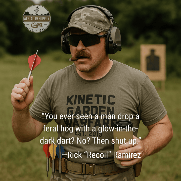 Man in tactical gear holding a dart with a quote from Rick 'Recoil' Ramirez.