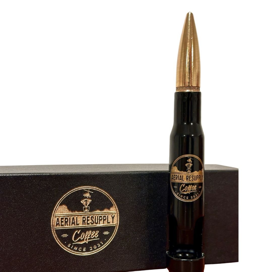 Laser engraved logo bottle breacher black with gold top bottle opener from Aerial resupply coffee. Buy online or in our store in Charlottesville, Virginia