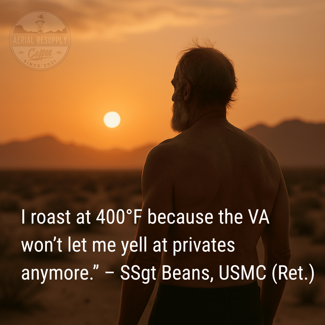 Man standing in a desert at sunset with a coffee brand logo and humorous quote overlay.