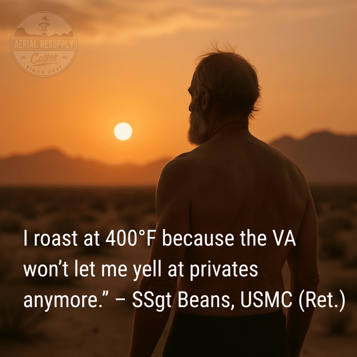 Man standing in a desert at sunset with a coffee brand logo and humorous quote overlay.