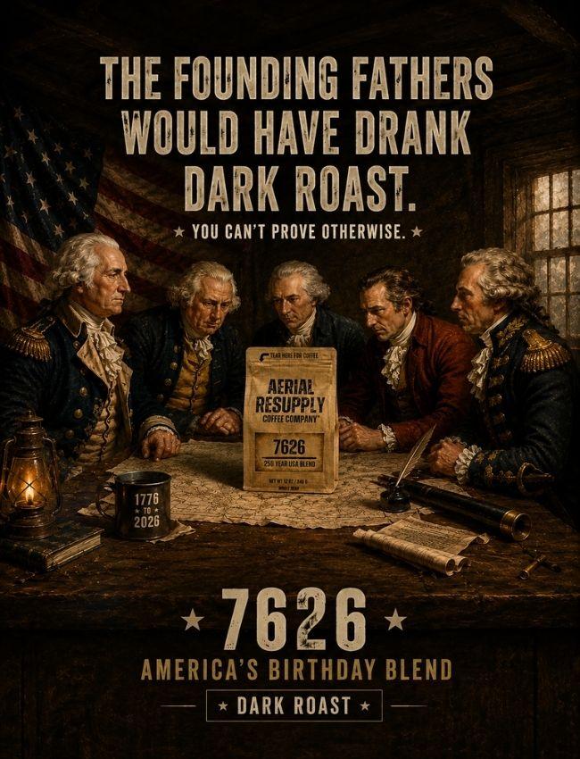 Reenactment of founding fathers around a table with a coffee bag labeled '7626' and text about dark roast coffee.