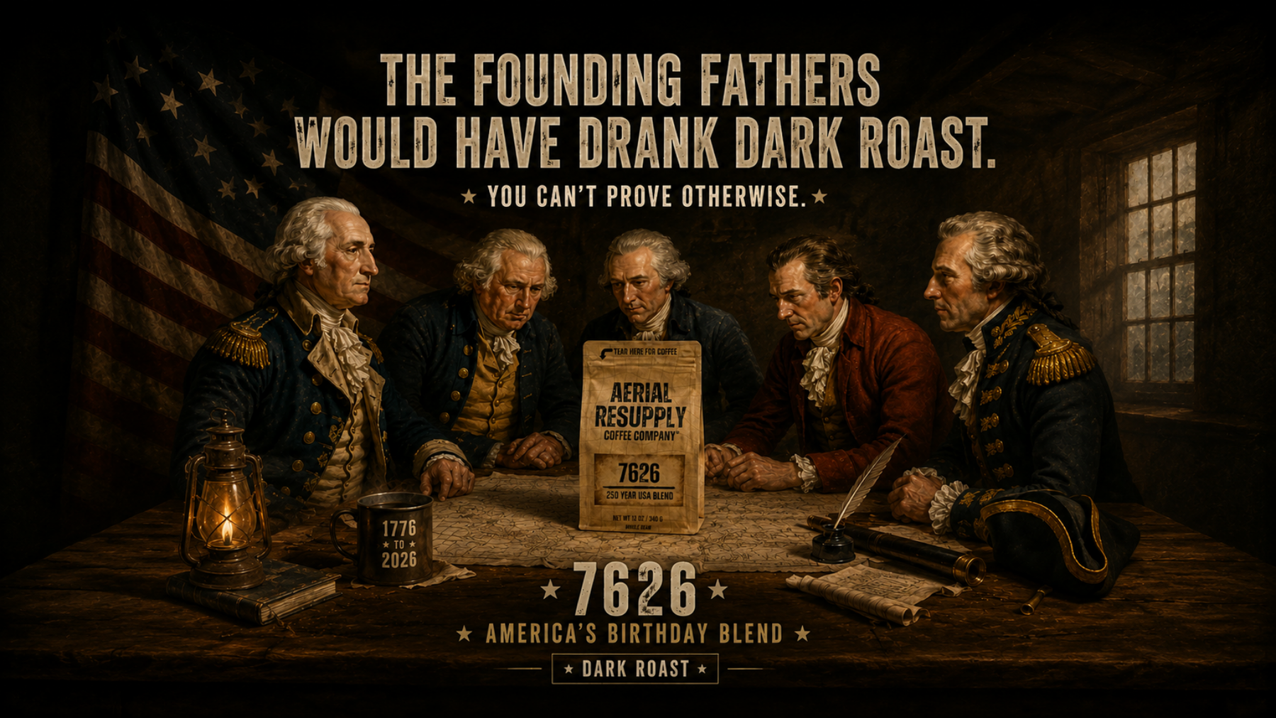 Illustration of founding fathers around a table with a coffee can, American flag, and text about coffee.
