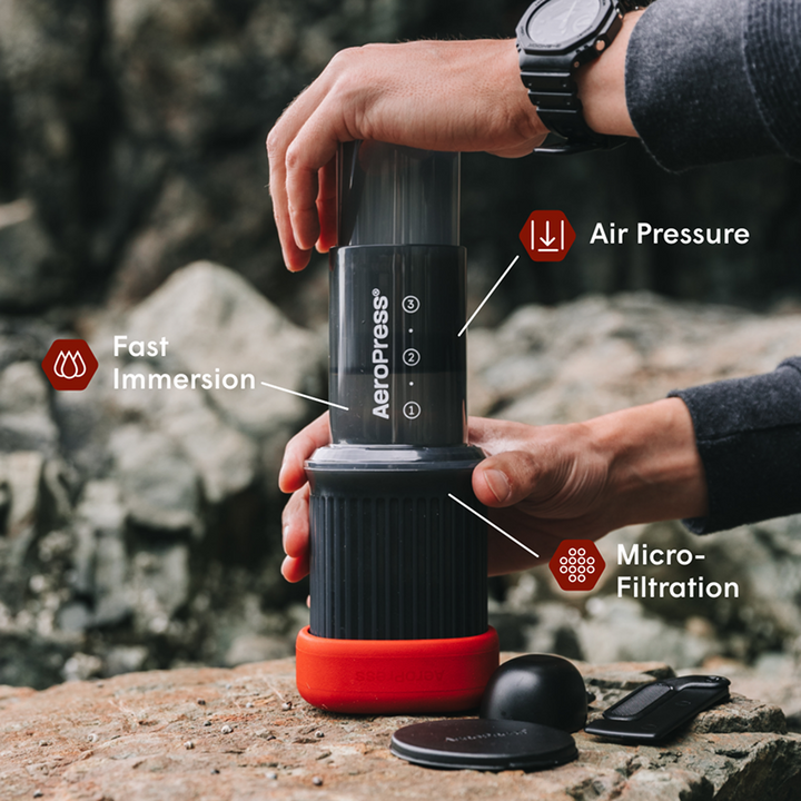 AeroPress Go brewing outdoors, showing fast immersion, air pressure and micro-filtration
